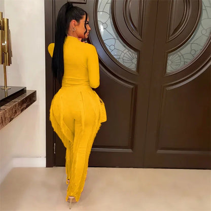 Long Sleeve Bodysuit Top and Tassel Pants Outfit