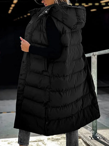 Long Hooded Sleeveless Puffer Jacket black S