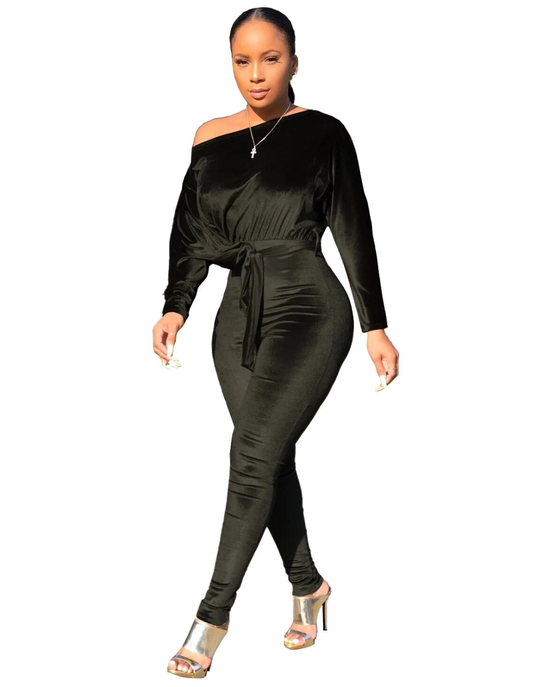 One Shoulder Velour Jumpsuit   