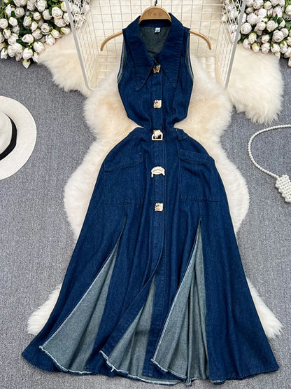 Sexy Sleeveless Denim Maxi Dress