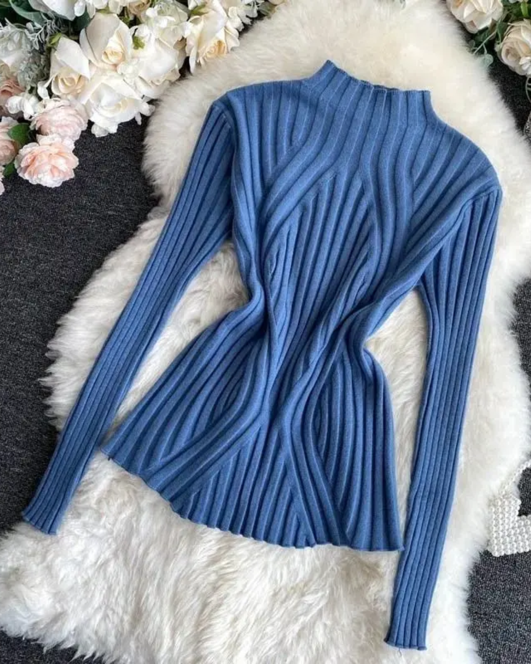 Half Turtleneck Long Sleeve Knitted Sweater Dark Blue One Size 