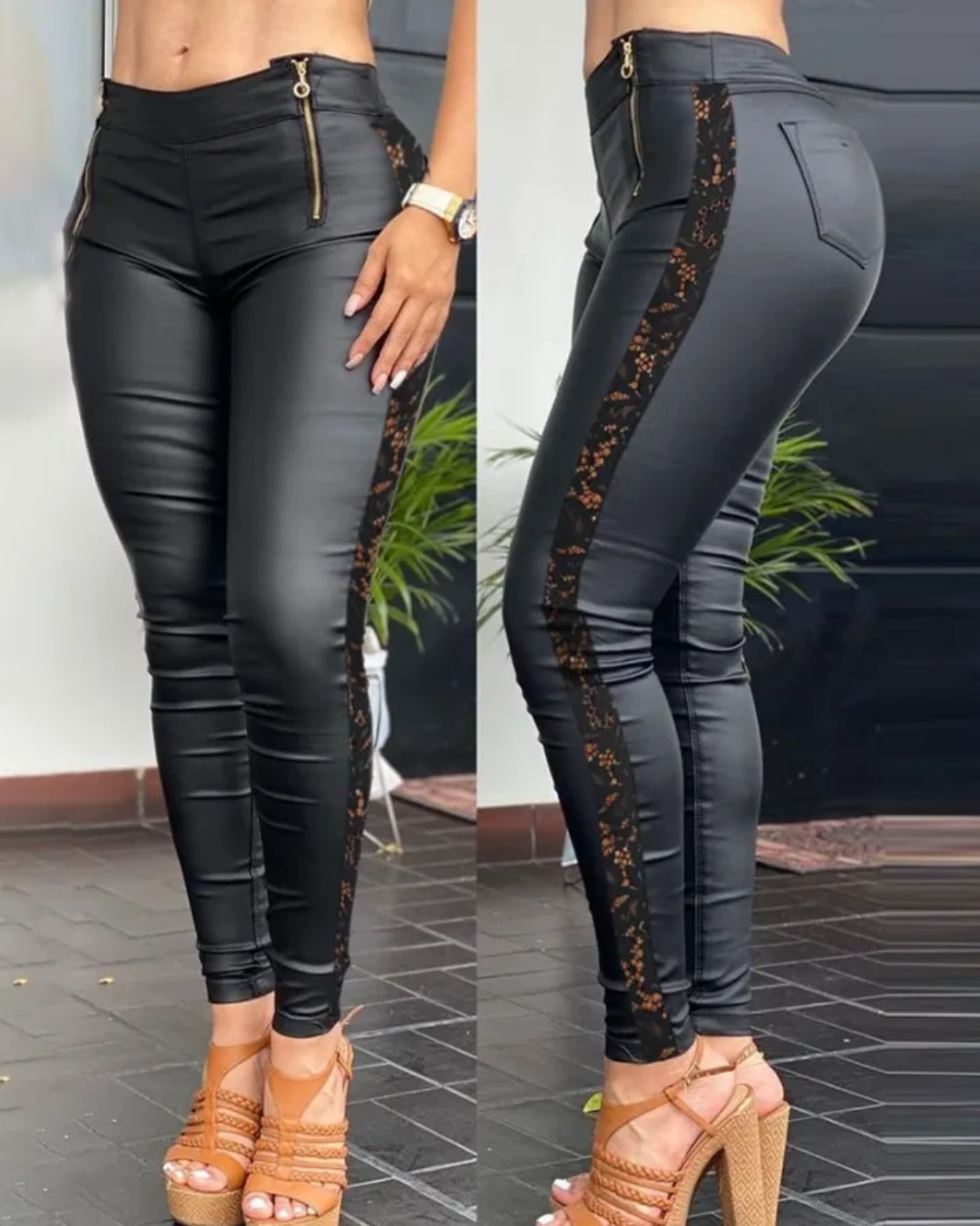 Crochet Lace Patch Leather Pants   