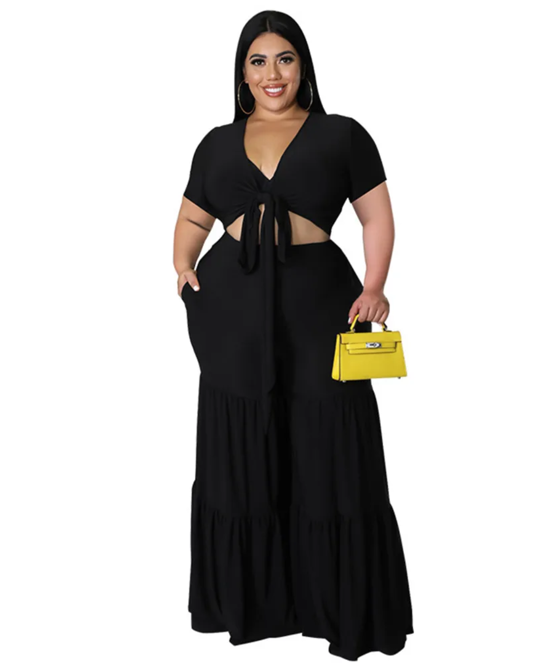 Plus Size Solid Bandage Two Piece Set Black XL 