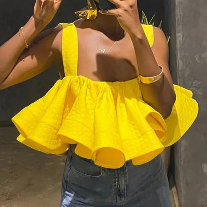 Collar Lace Trim Backless Belted Strap Top S Yellow