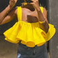 Collar Lace Trim Backless Belted Strap Top S Yellow