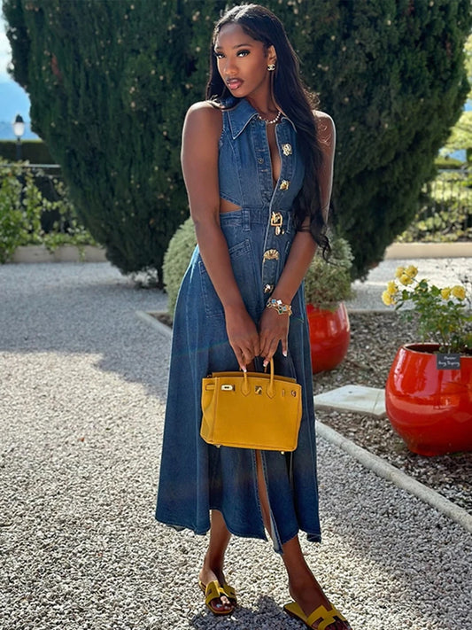 Sexy Sleeveless Denim Maxi Dress