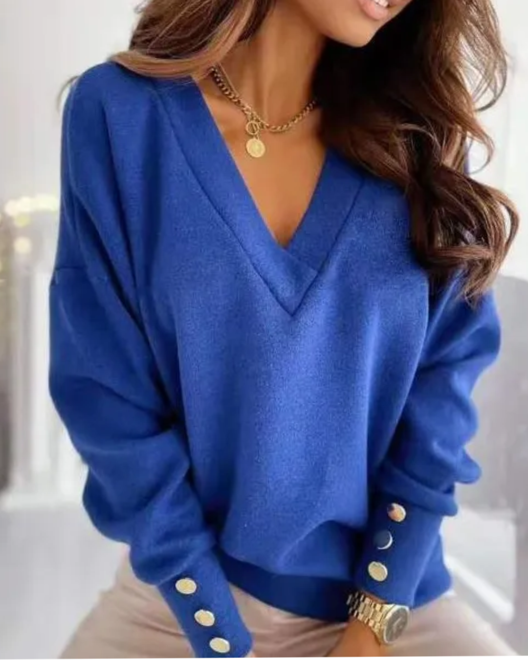 Long Sleeve Knitted V Neck Sweater Blue S 