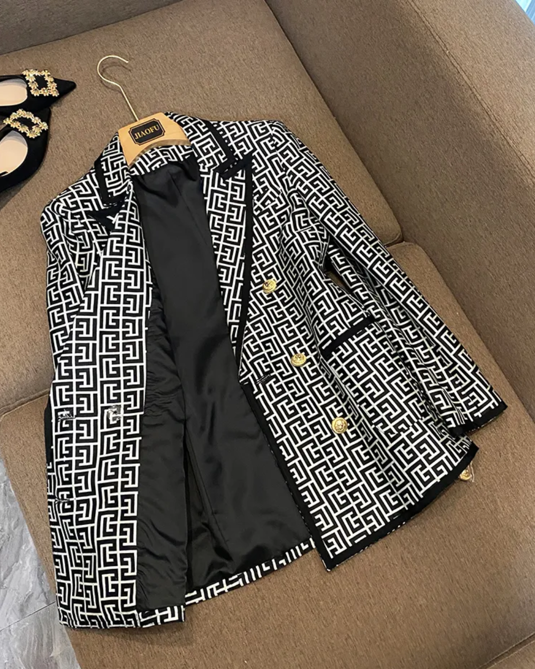 Double Breasted Geometric Jacquard Blazer   