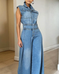 One Piece Denim High Waist Pants Blue S 