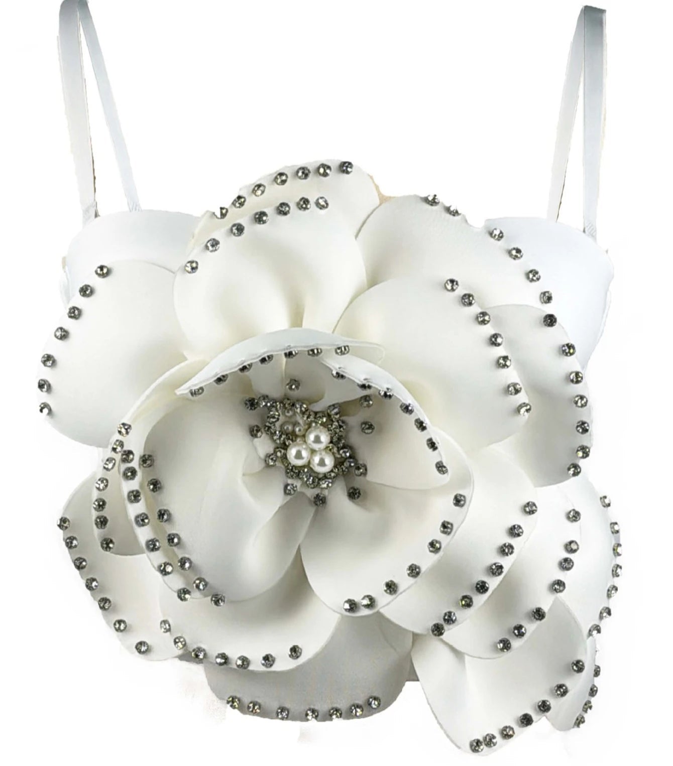 Sexy Beaded Flower Corset Crop Top White XL