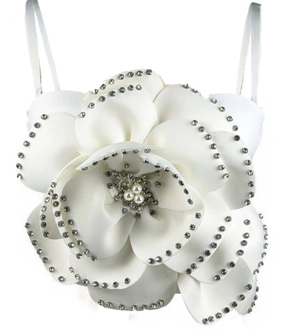 Sexy Beaded Flower Corset Crop Top White XL