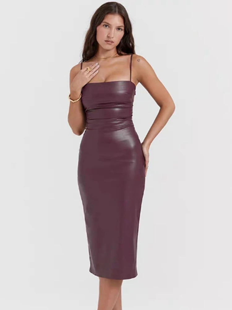 Leather Strapless Backless Sexy Bandage Midi Dress 14781Purple red L