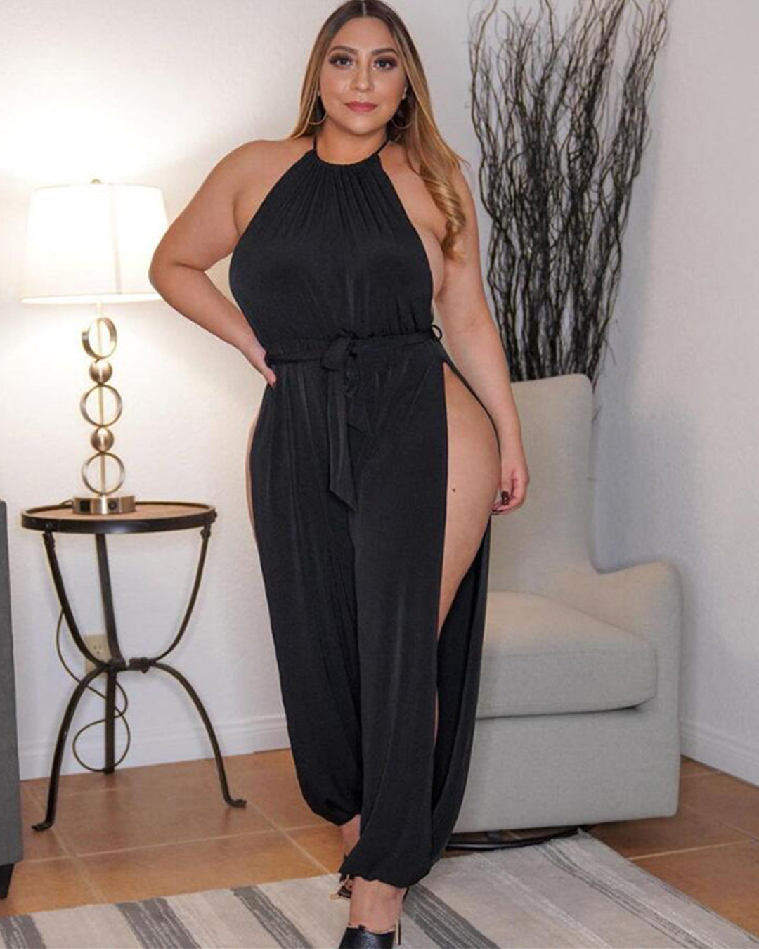 Slit Wide Leg Sleeveless Jumpsuit L Black 