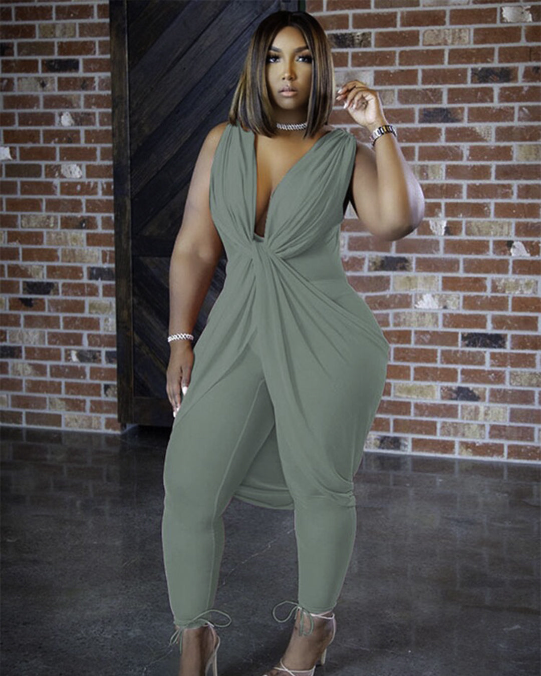 Plus Size Chiffon Sleeveless Jumpsuit Green L 