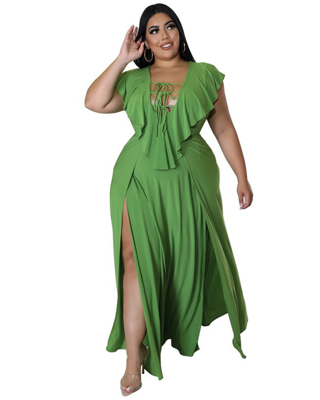 Plus Size Lace-Up Ruched Ruffles Dress Green XL 