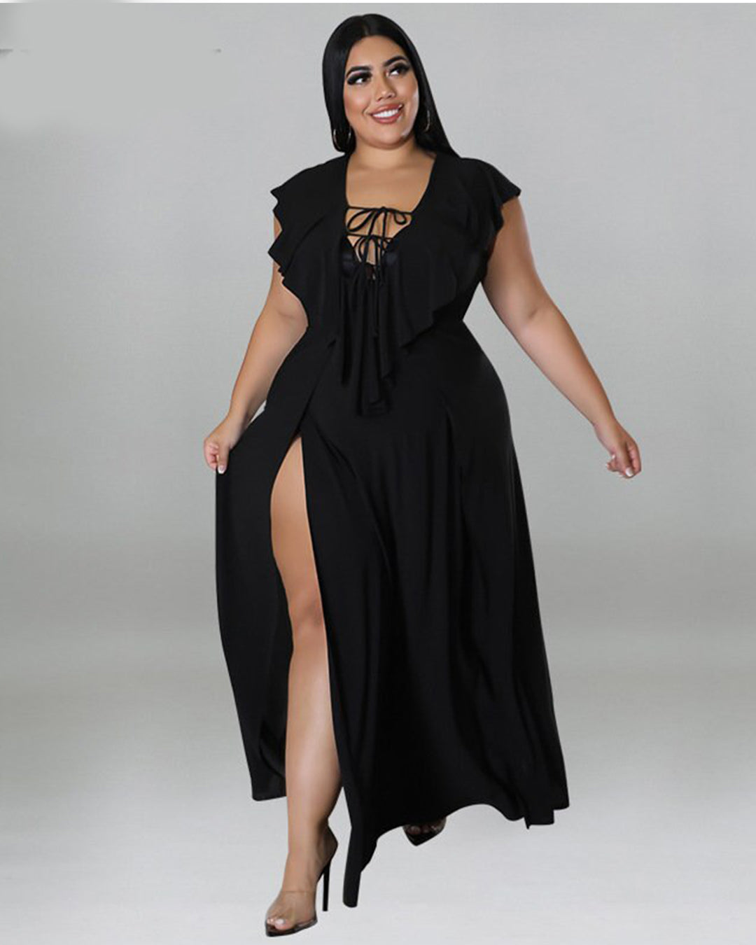 Plus Size Lace-Up Ruched Ruffles Dress Black XL 