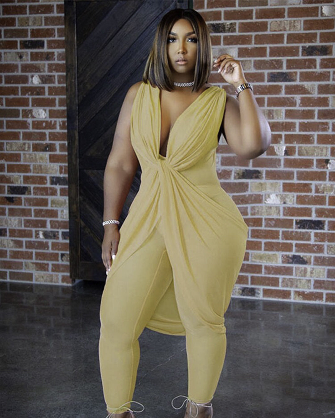 Plus Size Chiffon Sleeveless Jumpsuit Yellow L 