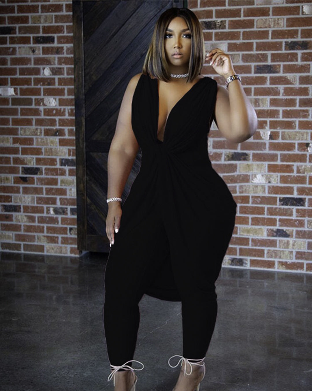 Plus Size Chiffon Sleeveless Jumpsuit Black L 