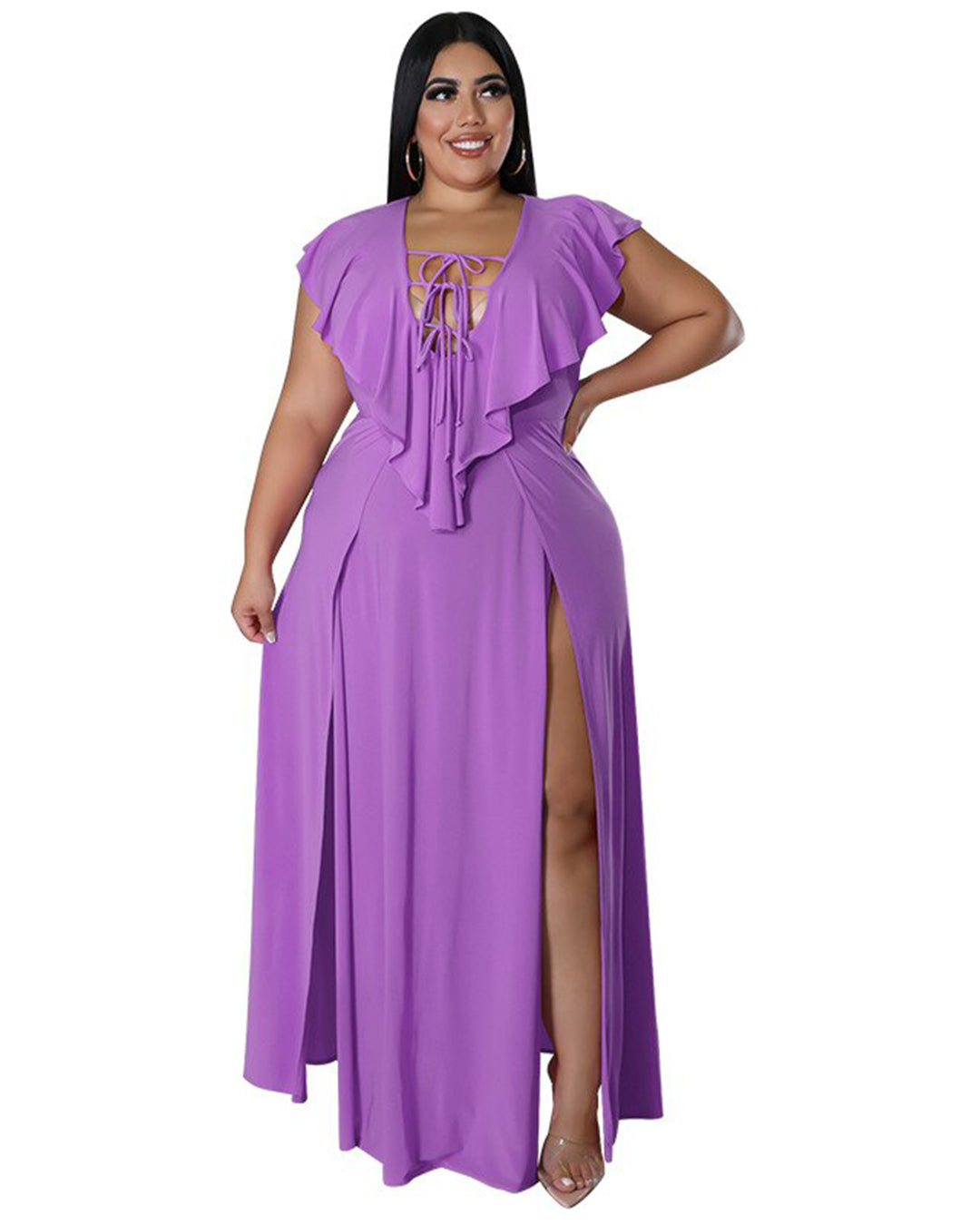 Plus Size Lace-Up Ruched Ruffles Dress Purple XL 