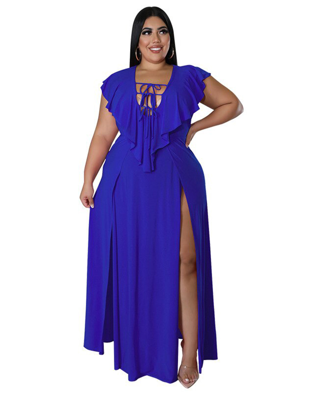 Plus Size Lace-Up Ruched Ruffles Dress Blue XL 