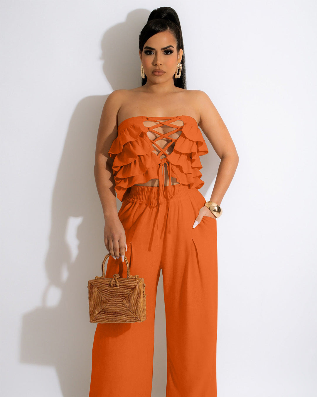 Felyn Bandage Ruffles T Shirt And Pants Orange S 