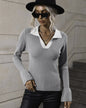 Pullover Bell Sleeve Collared Sweater S Light Gray 