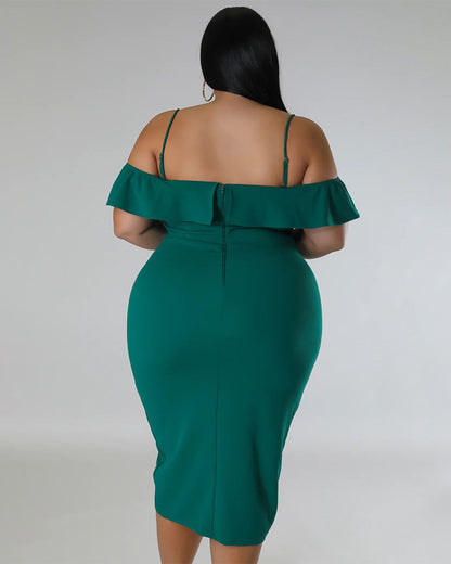 Plus Size Solid Color Off Neck Midi Dress   