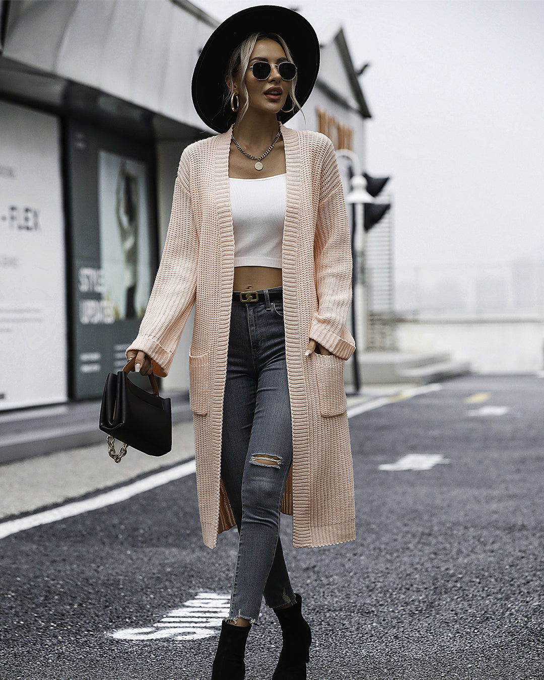 Solid Color Knitted Pocket Coat S Pink 