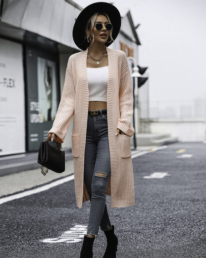 Solid Color Knitted Pocket Coat S Pink 