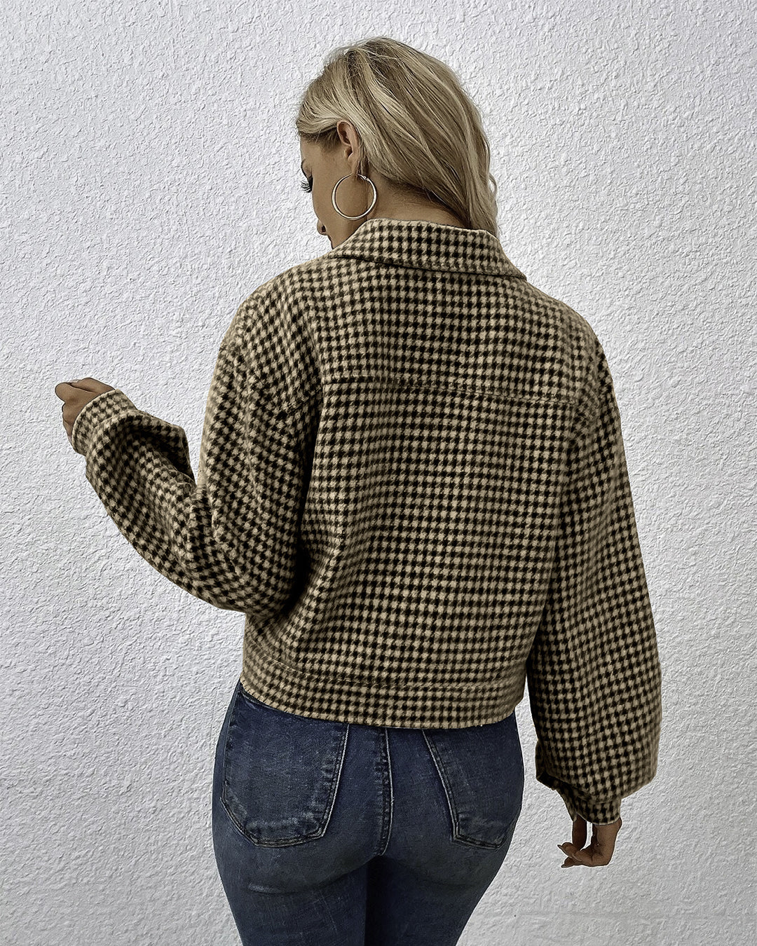 Collared Single Breasted Houndstooth Jacquard Coat   
