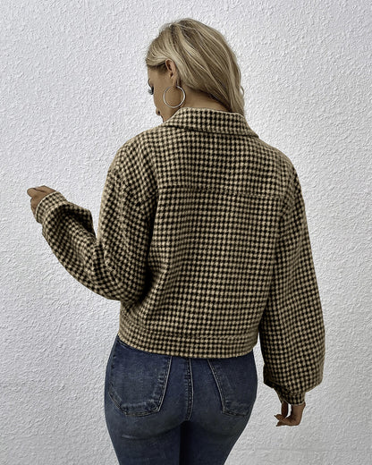 Collared Single Breasted Houndstooth Jacquard Coat   
