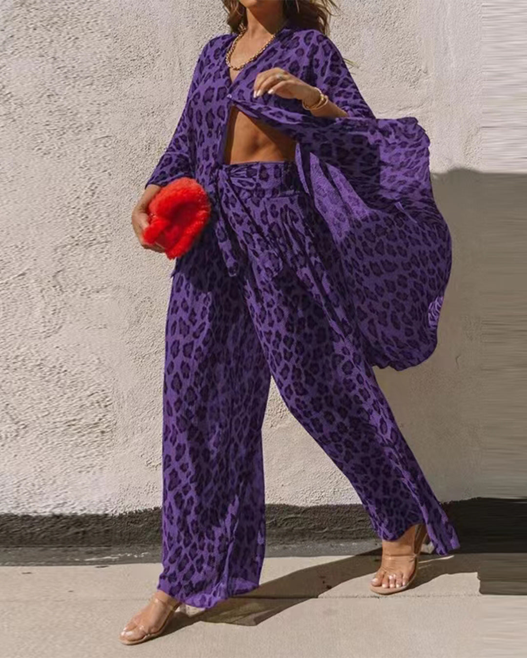 Leopard Print Shirt & Wide Leg Pants Set One Size Purple 