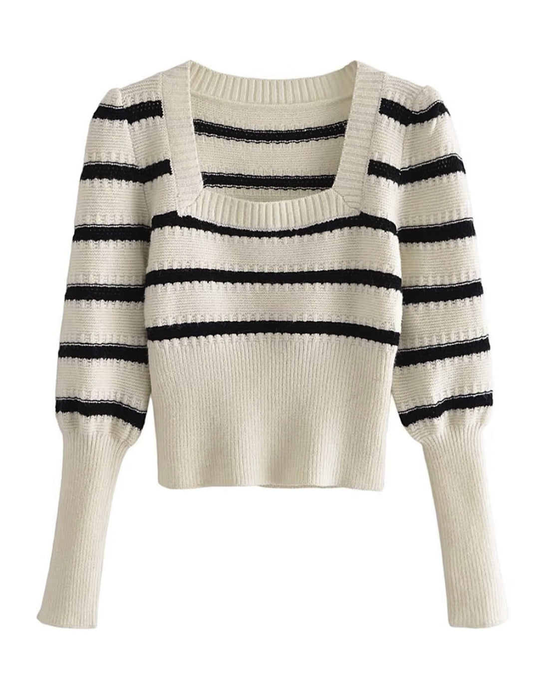 Striped Puff Square Collar Long Sleeve Sweater One Size Apricot 