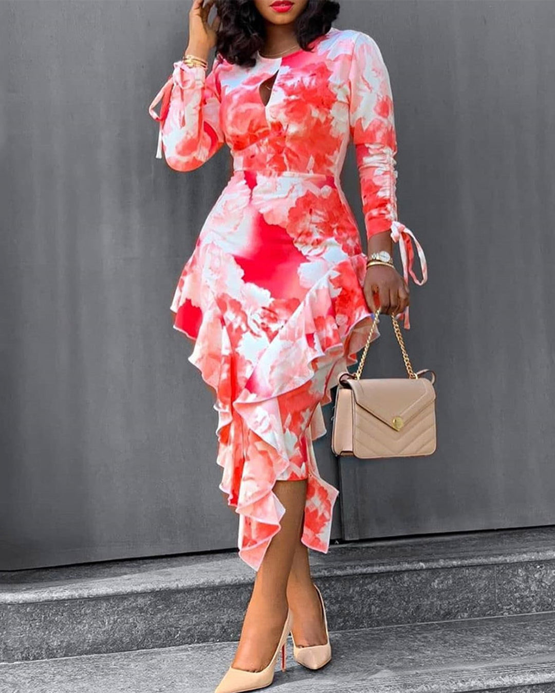 Printed Ruffled Sheath One Step Dress   