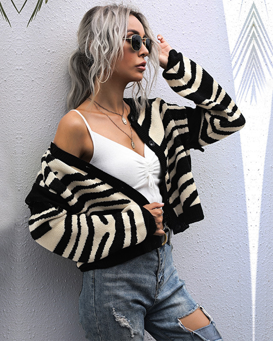 Zebra Pattern Cardigan Knitted Sweater   