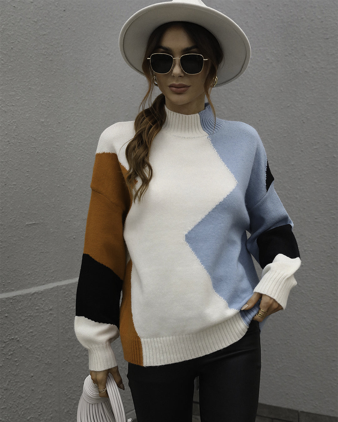 Loose Color Block Crew Neck Pullover Sweater S Blue 