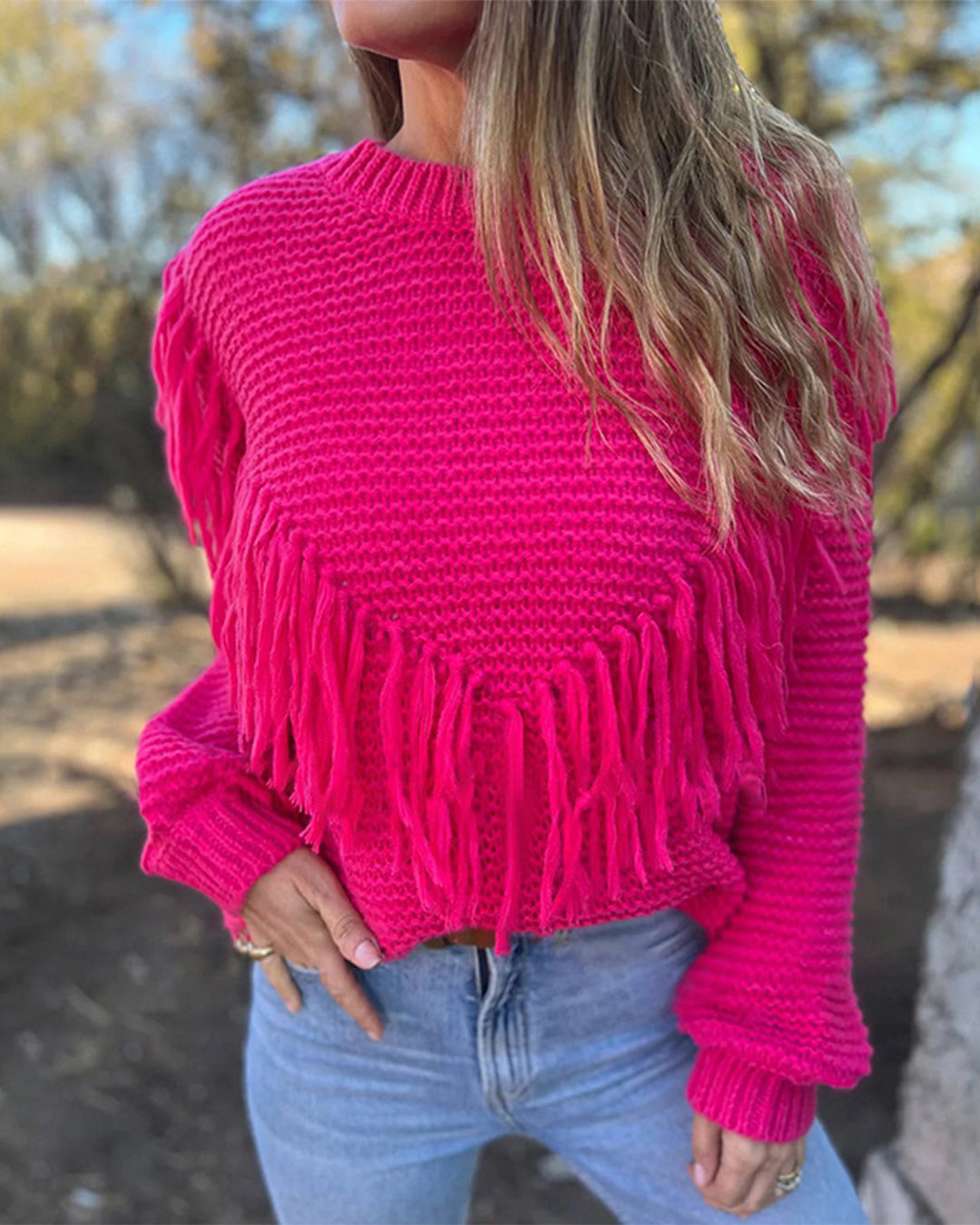 Loose Fitting Long Sleeves Tassel Knitted Top S Pink 