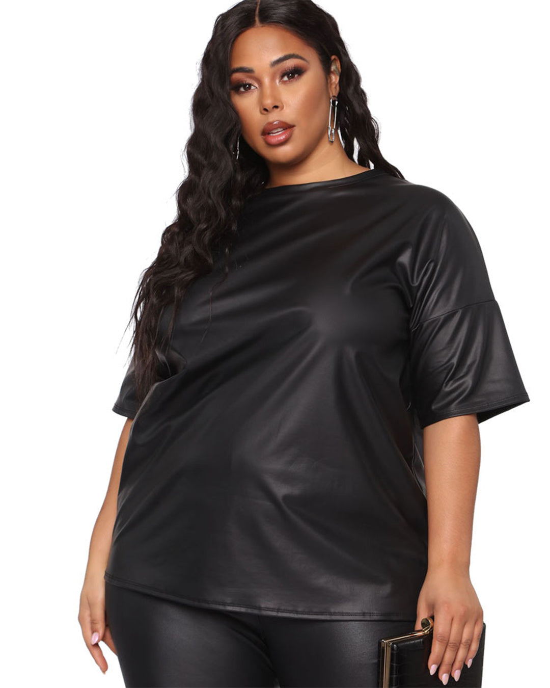 Plus Size Leather Short Sleeve Shirt & Slim Trousers Set   