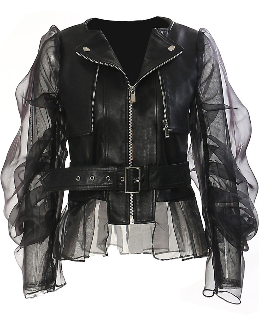 Domineering Stitching Transparent Mesh Leather Jacket S Black 