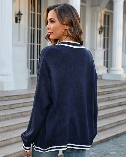 Contrast Color Knitted Cardigan V Neck Sweater   