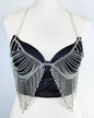 Rhinestone Chain Bare Back Tassel Bra with Chest Pad M-34/75B Black 