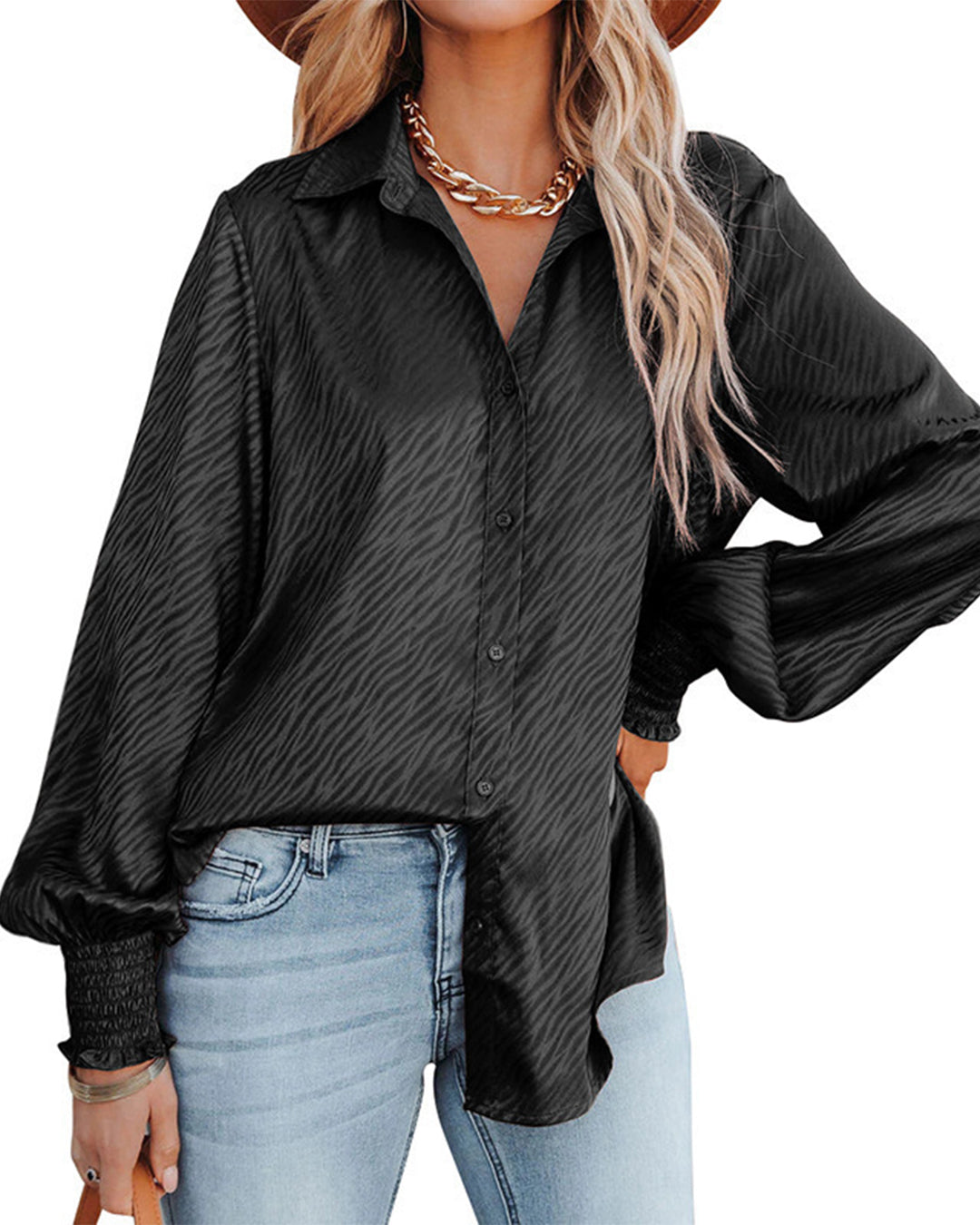 Zebra Pattern Collared Breasted Loose Top S Black 