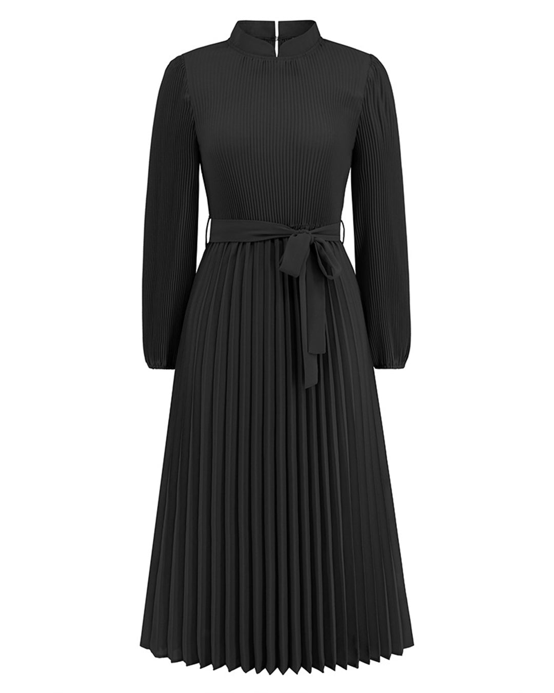Stand Collar Puff Sleeve Pleated Slim Dress