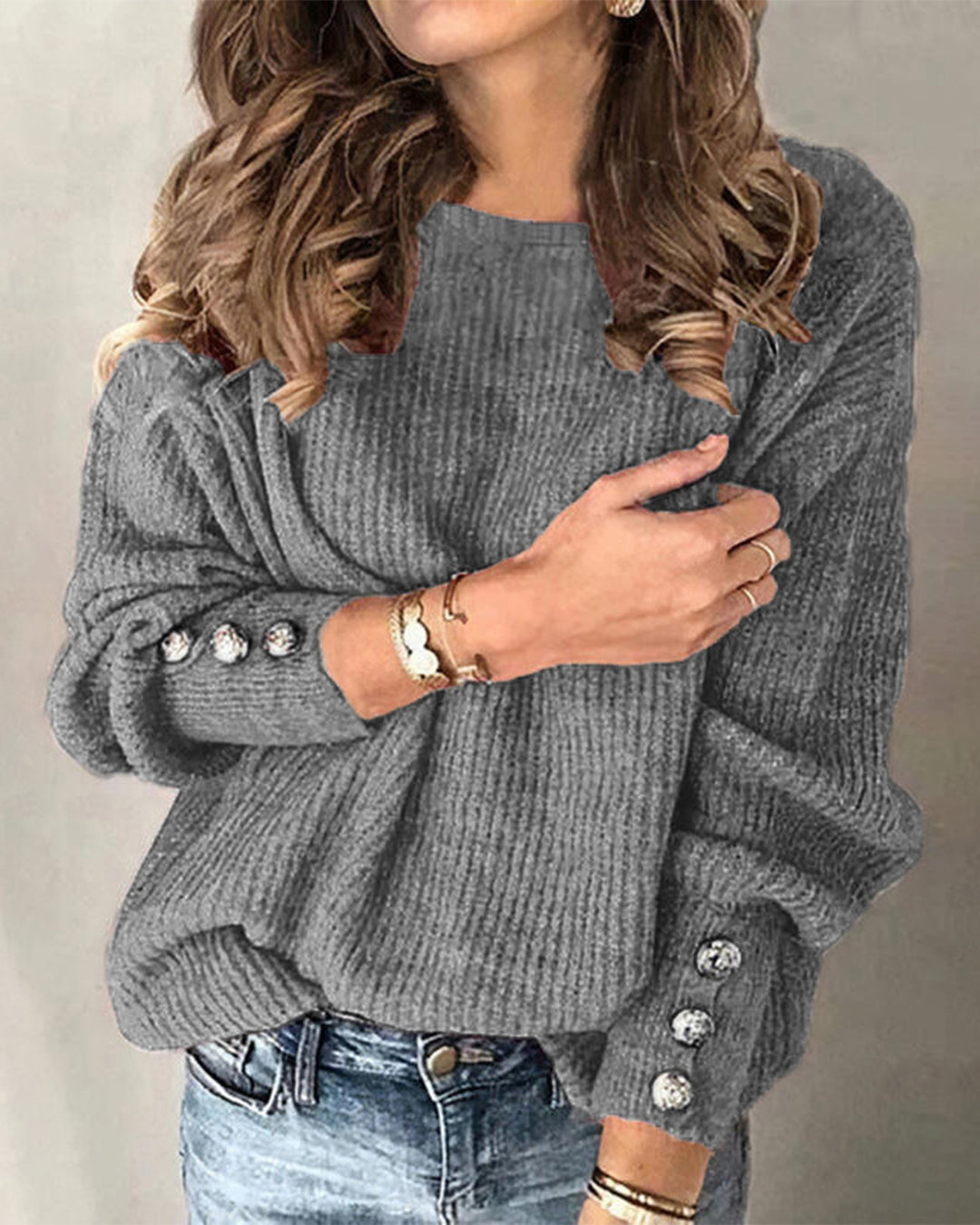 Loose Round Neck Button Sweater S Gray 