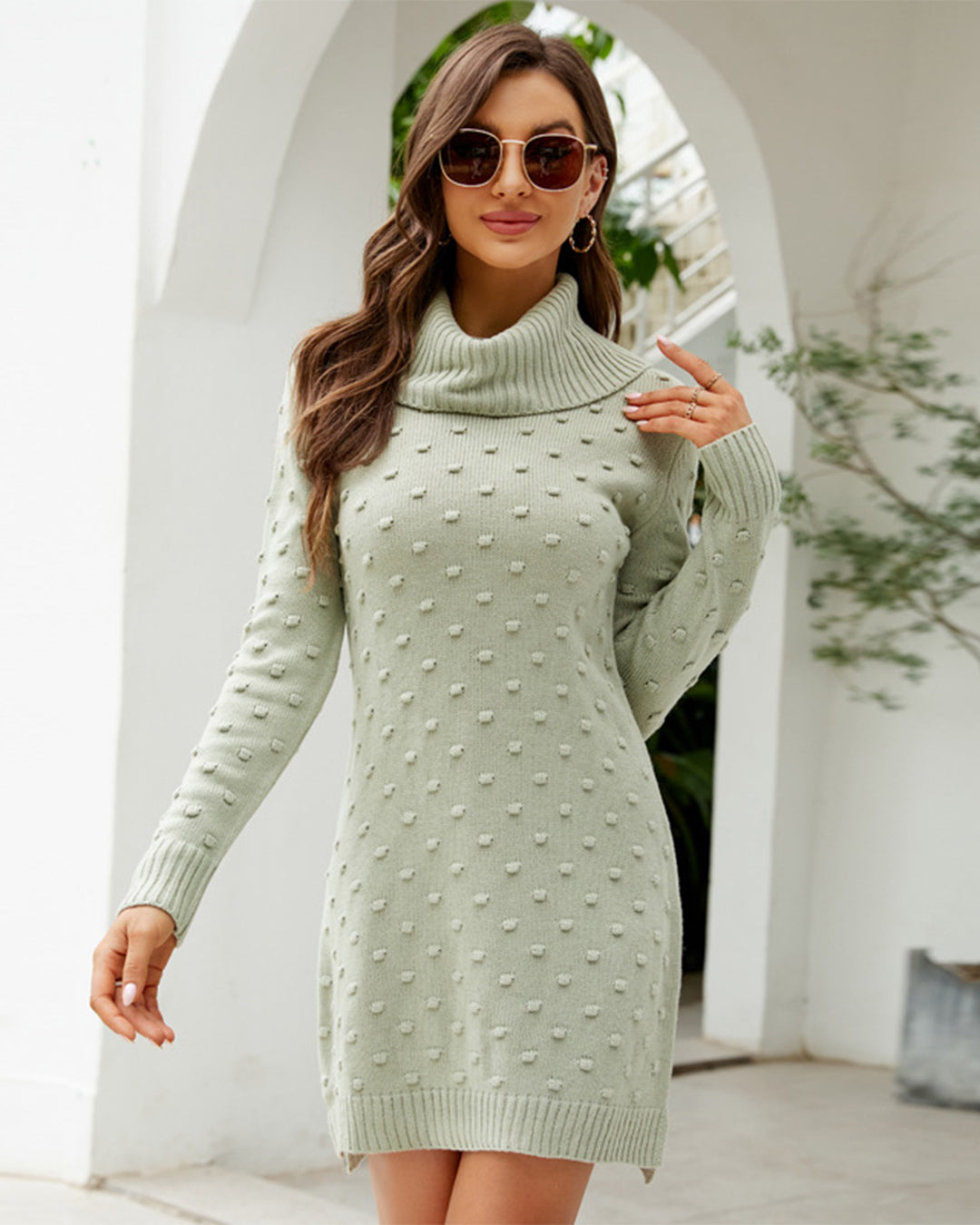 Long High Collar Slim Fit Sweater Dress S Green 