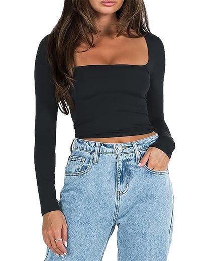 Square Collar Cropped Slim Long Sleeve Top S Black 