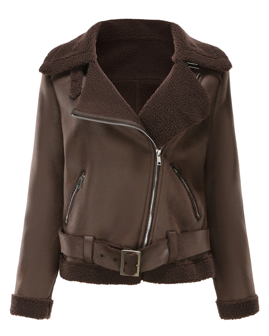 Faux Shearling Suede Fabric Leather Jacket S Coffee 