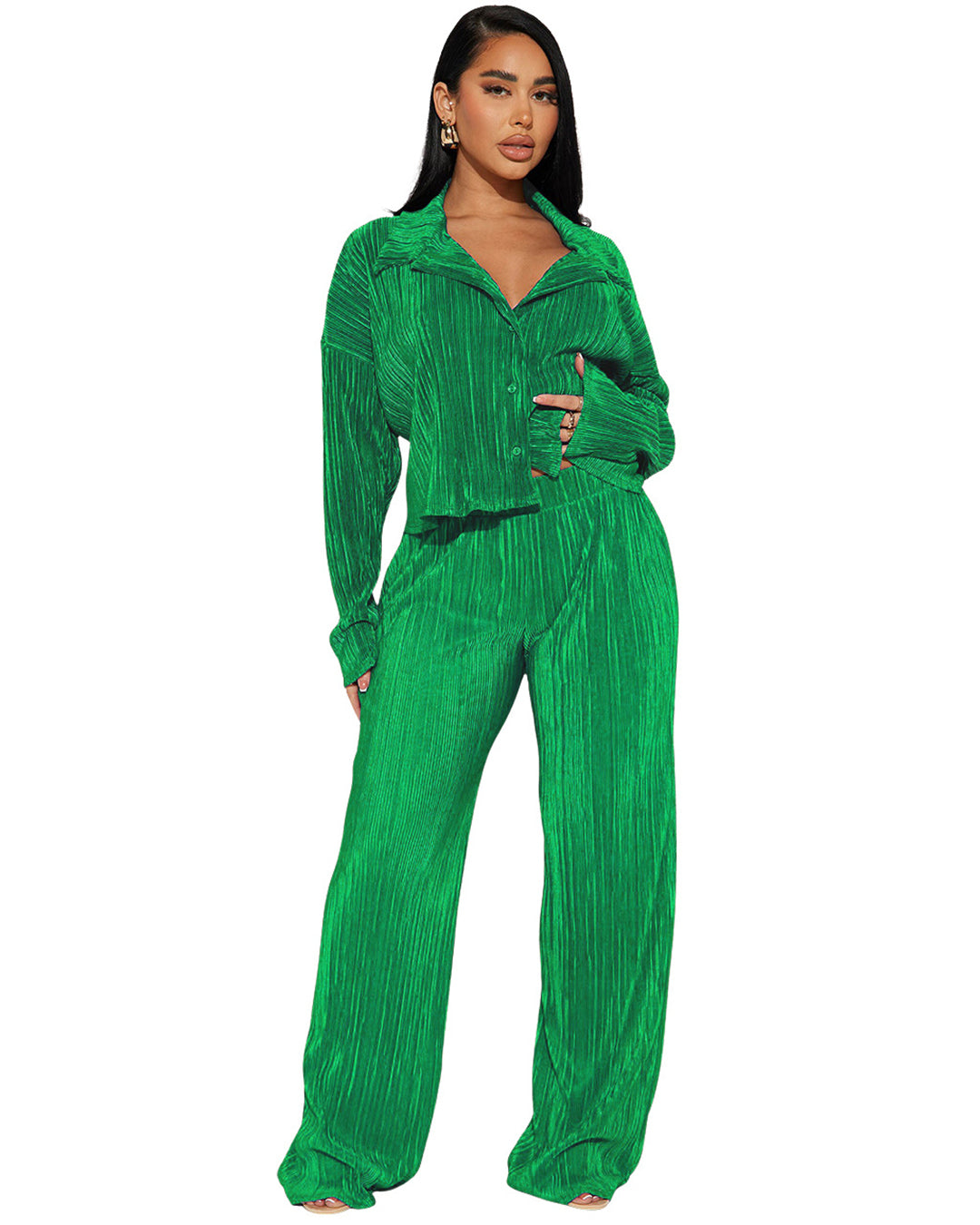 Long Sleeve Pleated Top & Casual Trousers Set S Green 