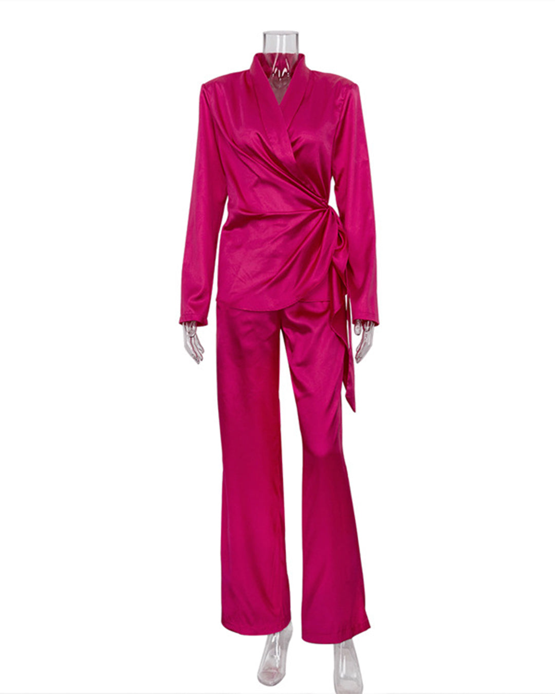 Ice Silk Padded Shoulder Shirt & Trousers Set S Pink 
