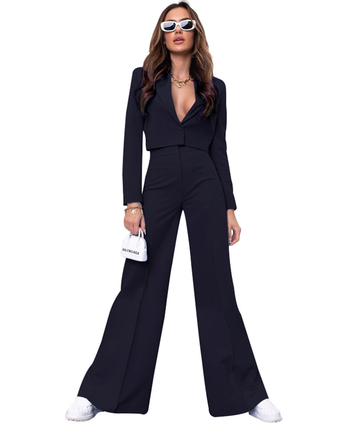 Long Sleeve Top & Wide Leg Pants Set S Navy Blue 